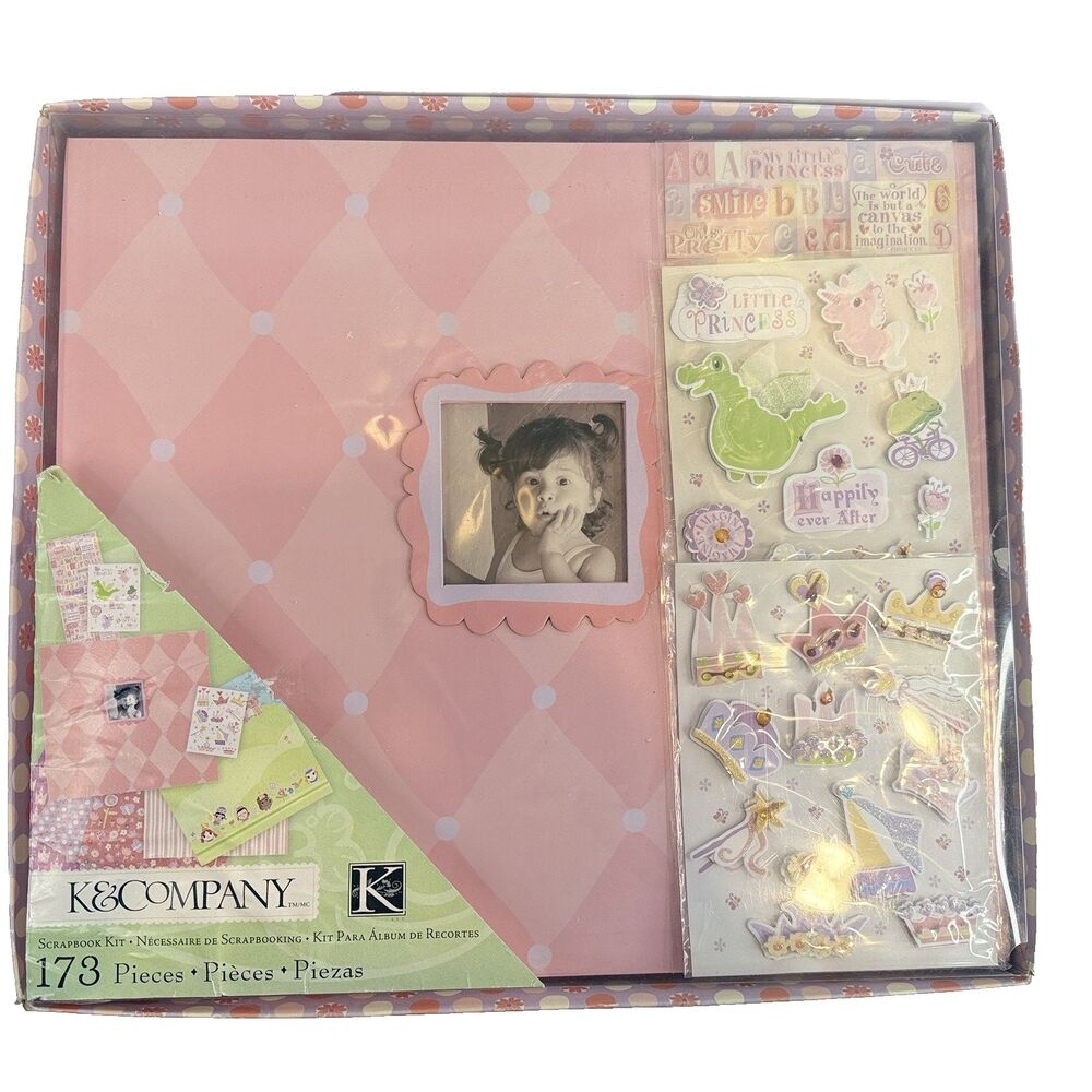 K & Company Baby Girl Scrapbook Kit Frame Pink Gingham Stickers Embellish 173